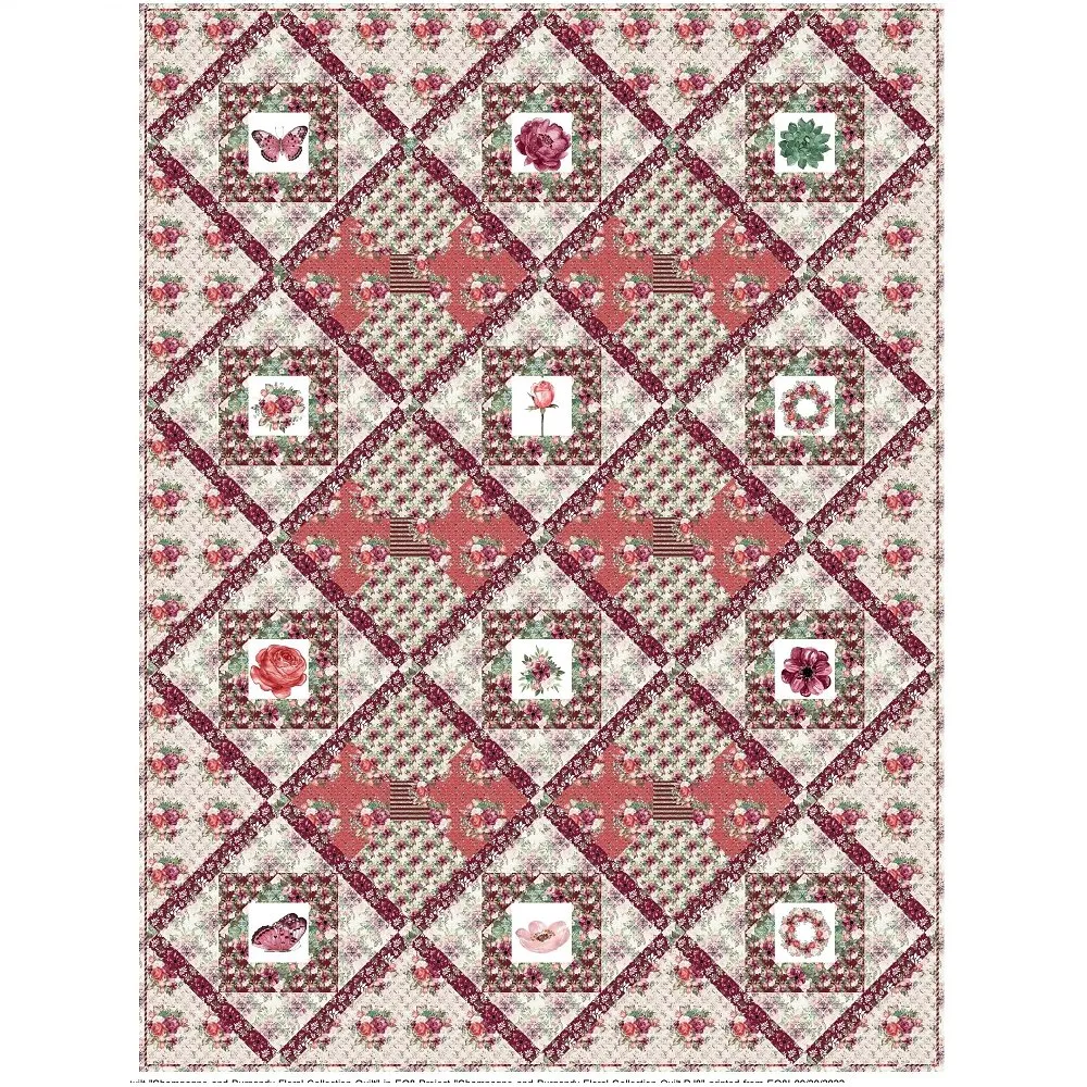 Champagne & Burgundy Florals Quilt Kit - 81" x 108"