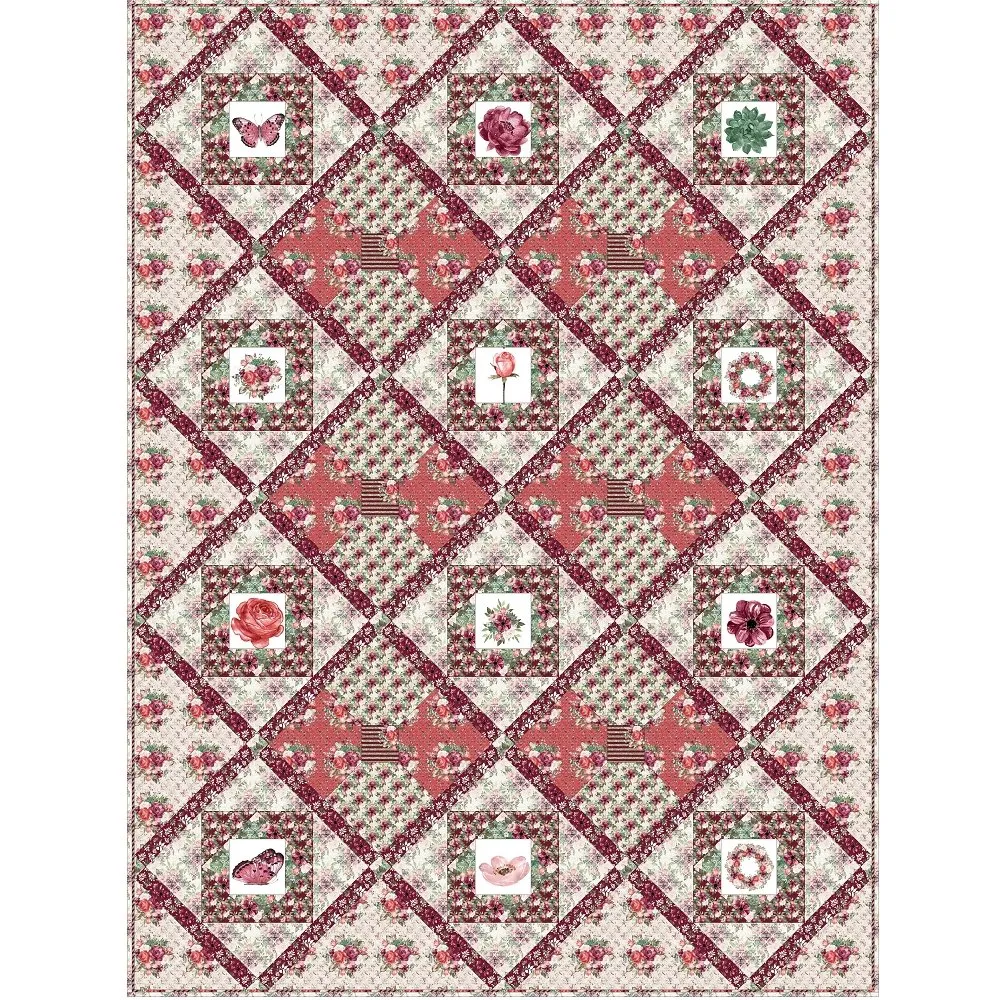 Champagne & Burgundy Florals Quilt Kit - 81" x 108"