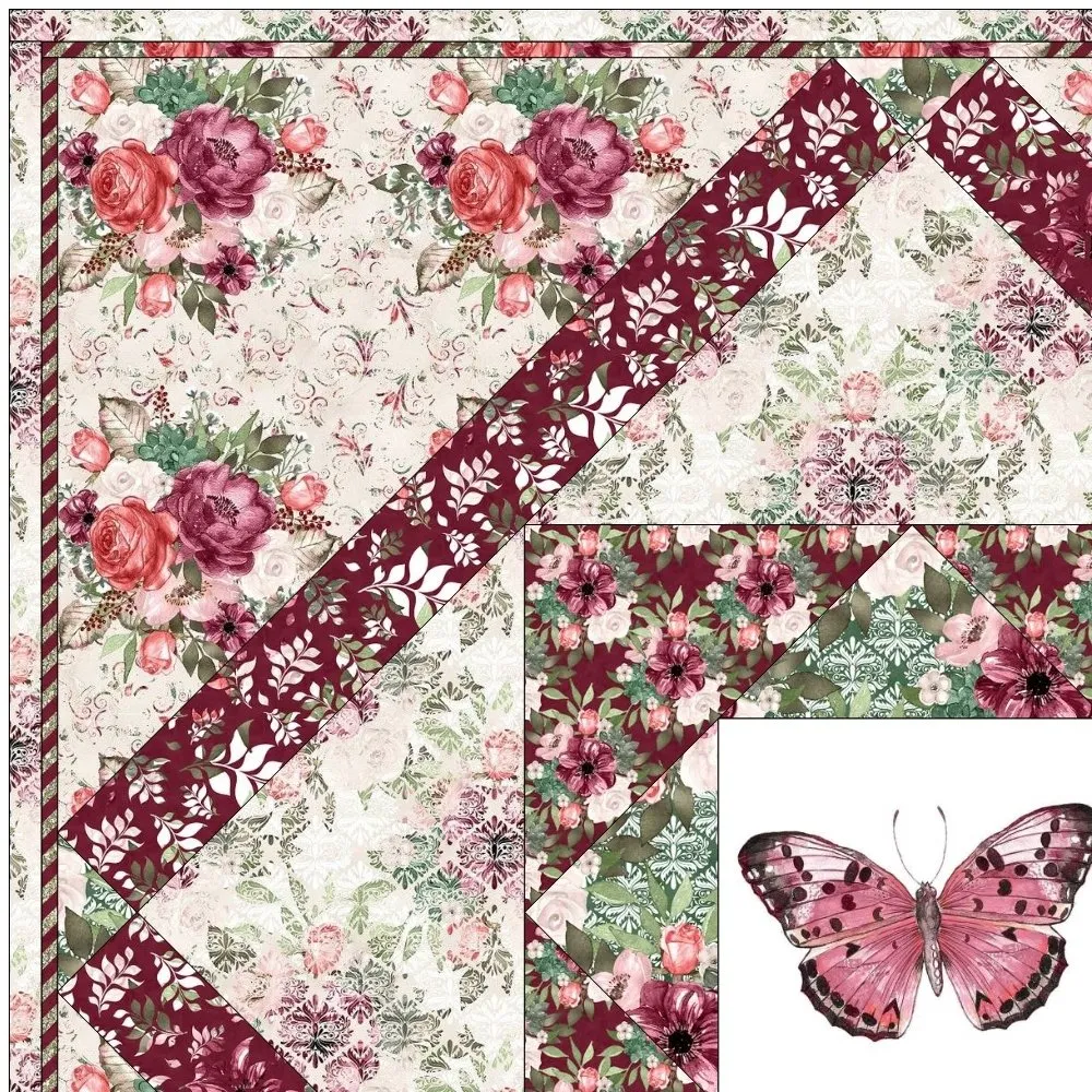 Champagne & Burgundy Florals Quilt Kit - 81" x 108"